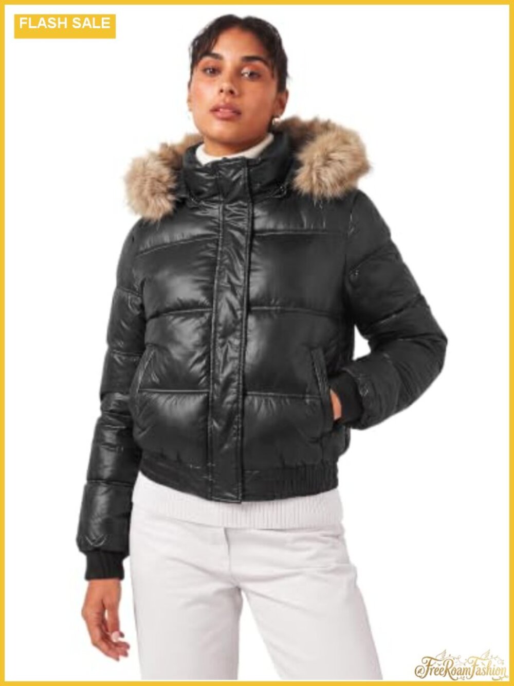 Women's Faux Fur Trim Hooded Puffer Cropped Quilted Jacket